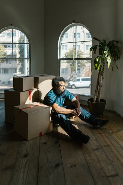 A man with curly hair, wearing a blue t-shirt and dark trousers, sitting on a wooden floor next to several cardboard moving boxes with red packing tape in a spacious room with large, arched windows. Outside the windows, a street with parked cars and buildings is visible, suggesting daytime natural light illuminating the interior. The room contains a tall potted plant near the window and appears prepared for a house removal or furniture transport process, with the boxes indicating packing and moving activities. This setting is associated with home relocation services offered by Maida Vale Removals, reflecting the packing and logistics stage of a house move.