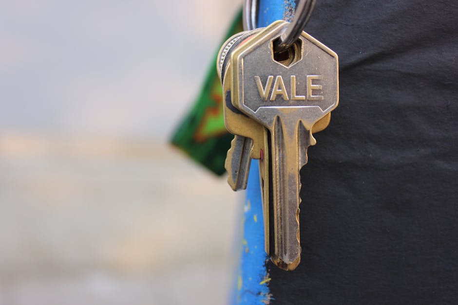 Close-up image of a set of house keys attached to a keyring with the name 'VALE' engraved on the main key. The keys are held by a person wearing a dark-colored jacket, with the background slightly blurred. Part of the person's hand and a green and blue object are visible behind the keys. The keys are metal, showing signs of wear, and the image suggests a home relocation or moving process. This visual relates to furniture transport and packing and moving services provided by Maida Vale Removals, emphasizing the logistical aspects of house removals in the Maida Vale area, aligned with Westminster Council parking regulations.